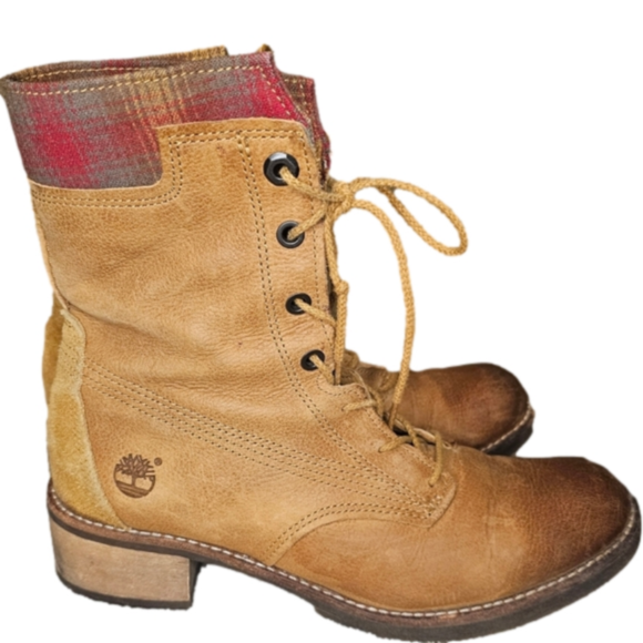 Timberland Shoes - Timberland Tan Ankle Boots with Red Plaid Accent